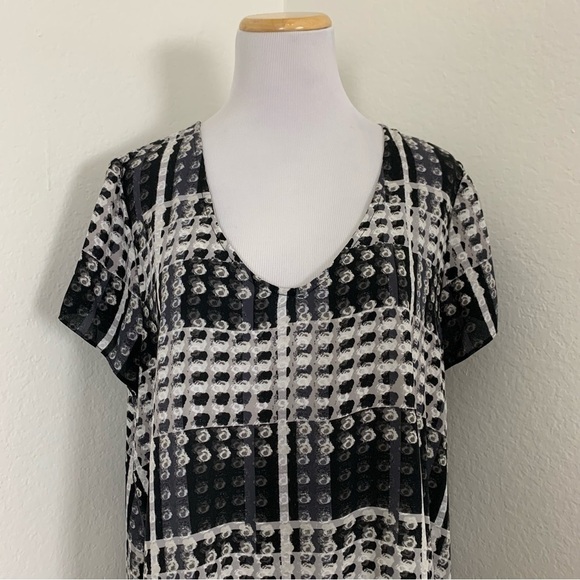 Thakoon Semi Sheer Short Sleeve Geometric Ruffle Hem Top XL Black White Gray - Picture 4 of 13